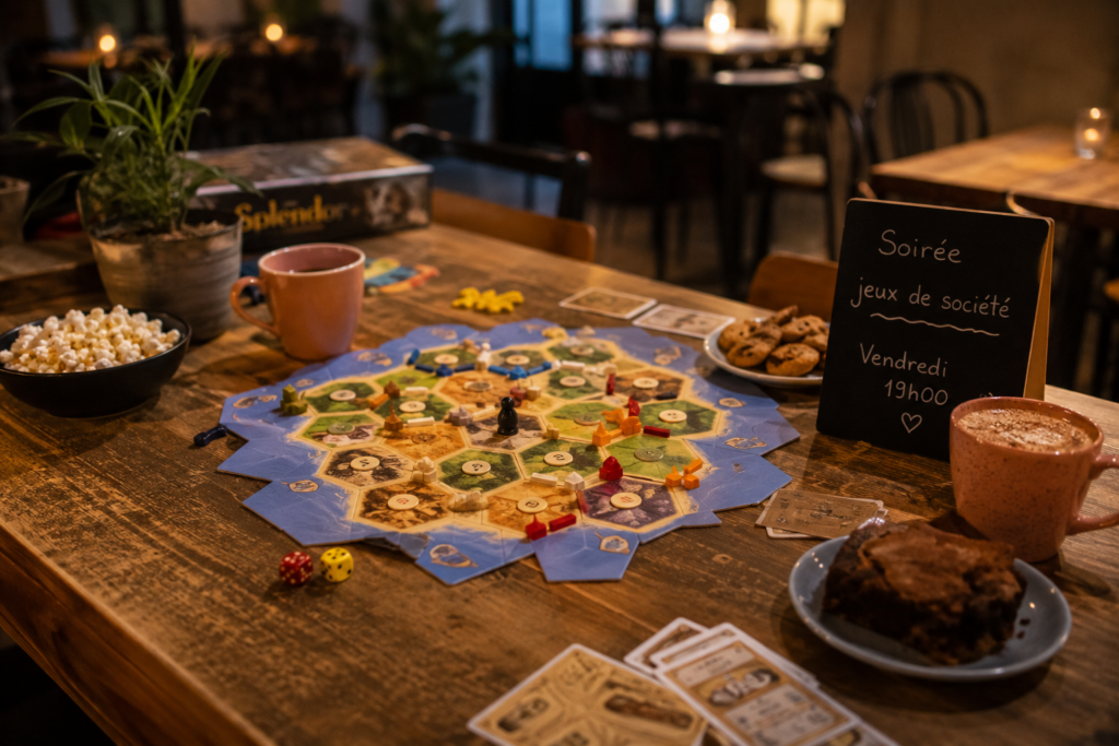 Photo générée par IA représentant le coffee shop et une table de jeu de société