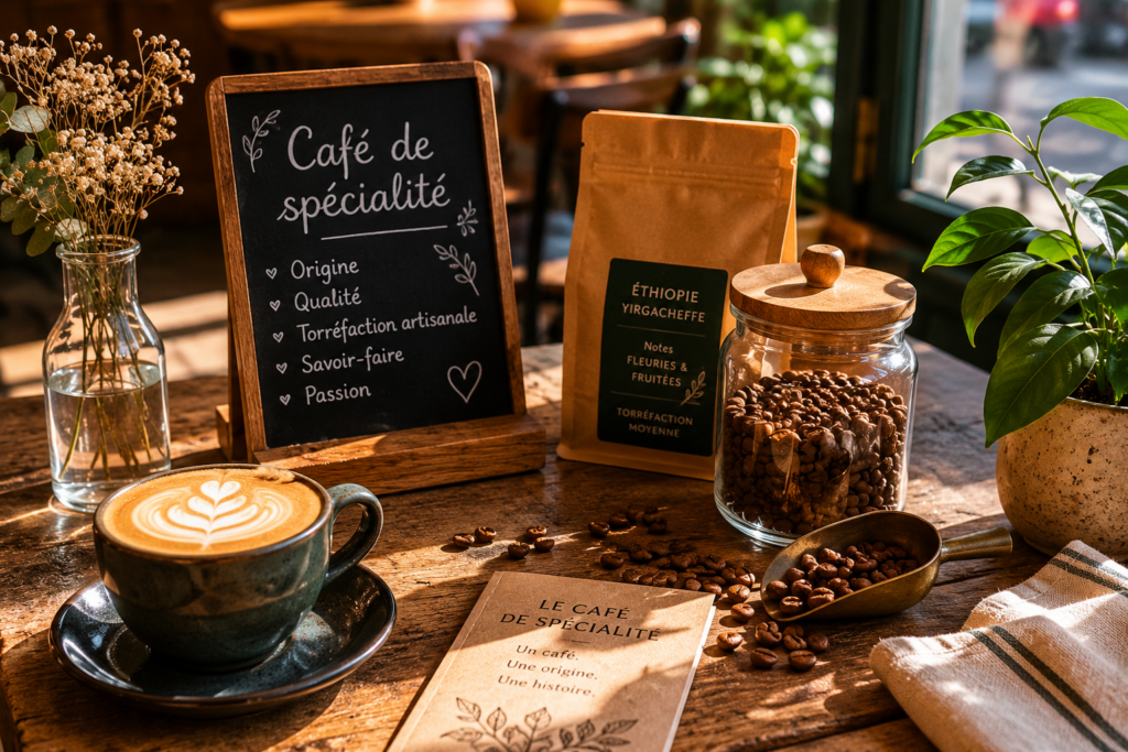 Photo générée par IA représentant le choix d'un café avec des grains