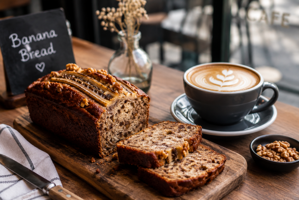 Photo générée par IA représentant un banana bread avec un café
