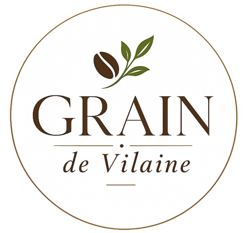 Logo avec fond blanc de Grain de Vilaine, visuel d'un grain de café et d'une feuille avec inscrit "Grain de vilaine" en dessous.