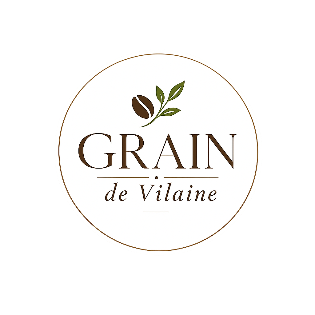 Logo avec fond blanc de Grain de Vilaine, visuel d'un grain de café et d'une feuille avec inscrit "Grain de vilaine" en dessous.